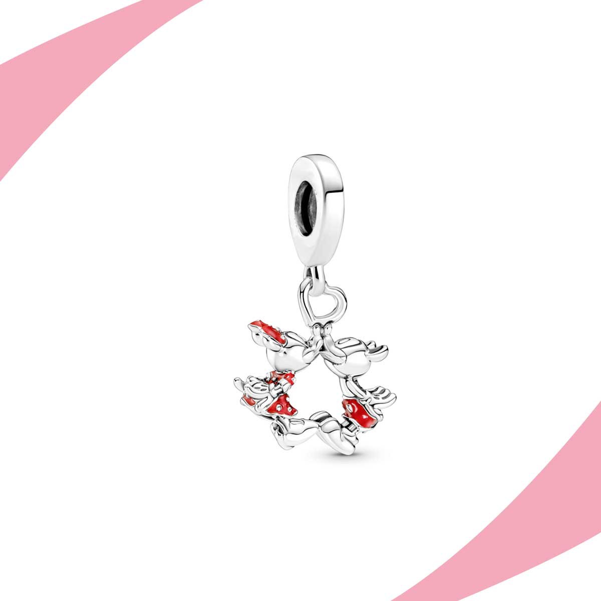 Charm colgante de dos figuras de ratón enfrentadas, con detalles en rojo. Super Charms México.