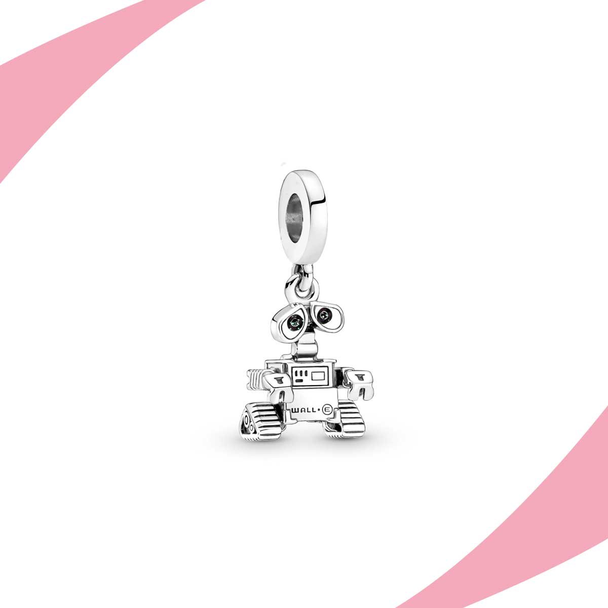Charm colgante de robot con cuerpo cuadrado, orugas y ojos de binocular. Super Charms México.
