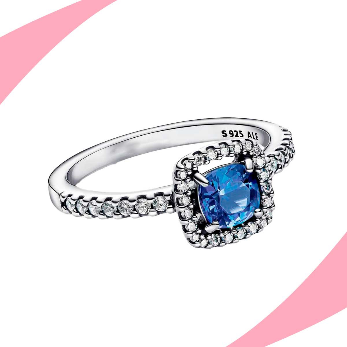 Anillo Diamante Cuadrado Azul Halo - Imagen 2
