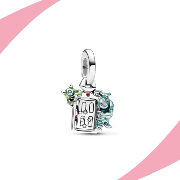 Charm colgante con dos monstruos y una puerta, en esmalte verde y turquesa sobre baño de plata. Super Charms México.